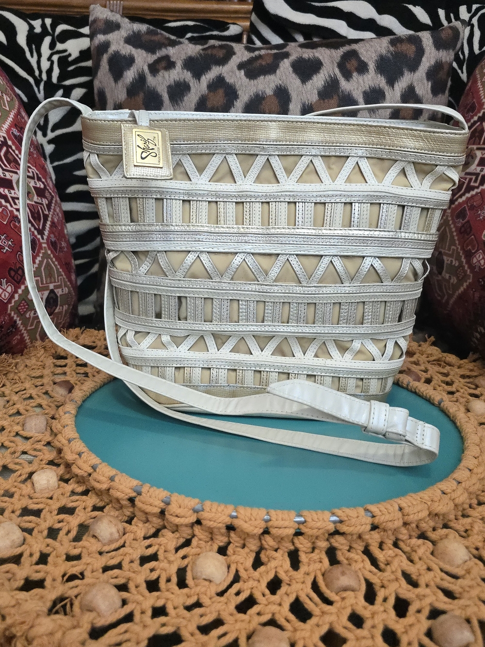 Vintage Sharif Metallic Woven Crossbody Gold Tan Beige Ivory Silver
